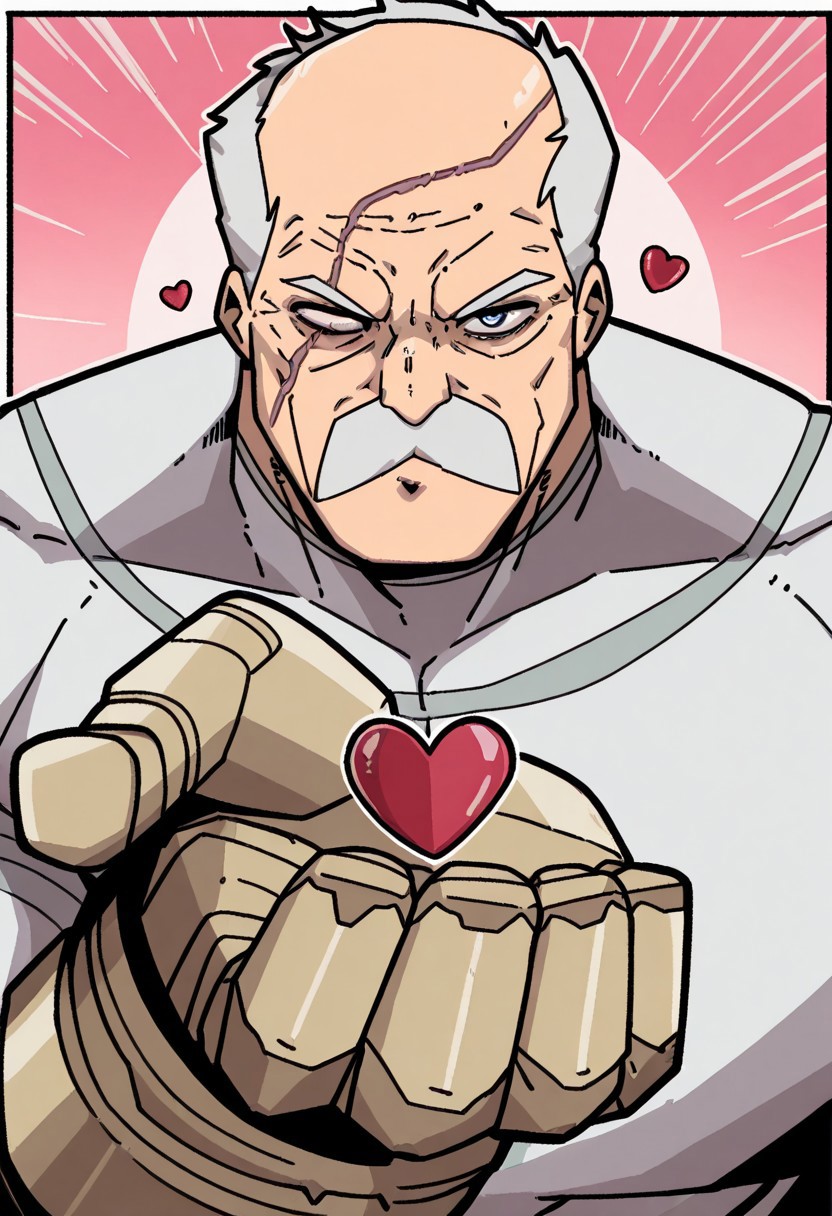 masterpiece, best quality, newest, absurdres, highres, mark_gavatino, mark gavatino style, 
1boy, Conquest-ISV-V1.0 old man, white hair, mustache, facial hair, scar, blind eye, single mechanical arm, heart, blowing kiss,
