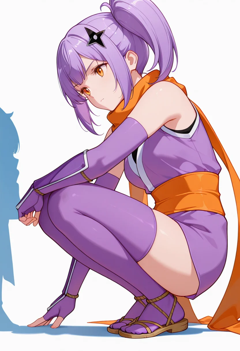 masterpiece,high quality details, absurdres,
elegant silhouette,one hand on the ground,squatting position,
<lora:Satoko_Kusagakure:0.9>
satoko_cnr, 1girl, purple hair, long hair, side ponytail,orange eyes,hair ornament,sidelocks,enh_cnr,
satoko_s1, ninja, japanese clothes,short kimono, sleeveless, sash, scarf, purple thighhighs, sandals, fingerless gloves, elbow gloves,, simple background, white background, sideways,solo,, in heat,serious,, 0 0,