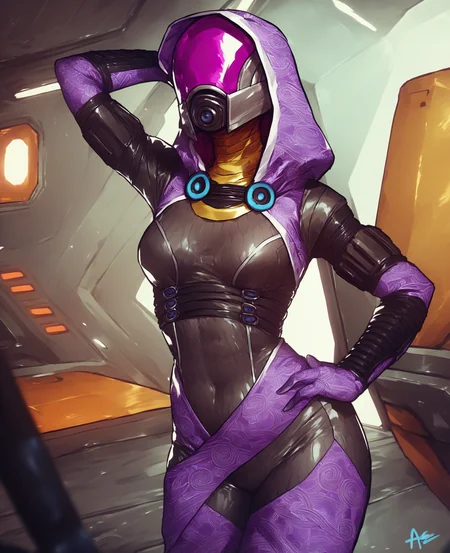 score_9, score_8_up, score_7_up, score_6_up, score_5_up, score_4_up, source_furry, by aqe, tali, tali'zorah, alien, alien humanoid, humanoid, quarian, 3 fingers, armor, black clothing, bodysuit, clothed, clothing, female, fingers, headgear, helmet, hood, not furry, detailed background, spacecraft, skinsuit, solo, tight clothing, hand on hip, pose, pose, pinup, wide hips, medium breasts, <lora:talizorah_pdxl_:1>
