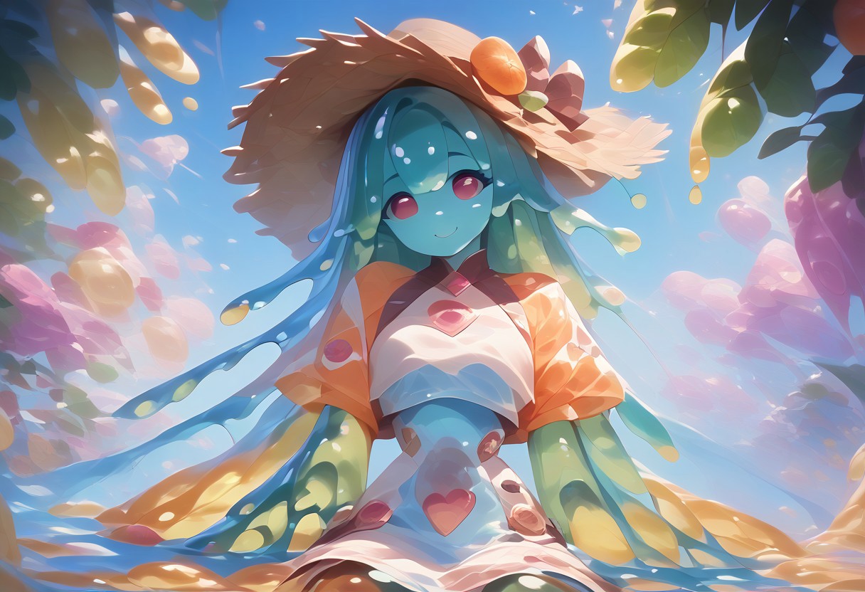 score_9, score_8_up, score_9_up, score_7_up, high quality, masterpiece, highly detailed, solo, (((colorful slime women))), medium breasts, exotic dress, Slime core, cute pose, happy expression, fruit trees, straw hat, viewed from a distance, colorful fruit