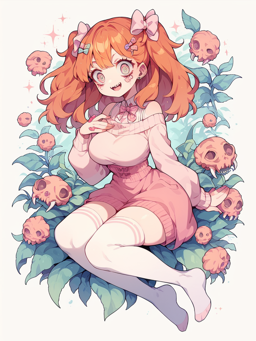 score_9, score_8_up, score_7_up, score_6_up,  <lora:p4st3lg0r3XLP:1> p4st3lg0r3, 1girl, pastel, bandaid, hair ornament, full body, large breasts, curvy, ginger hair, bow, jewelry, thighhighs, plant, creepy