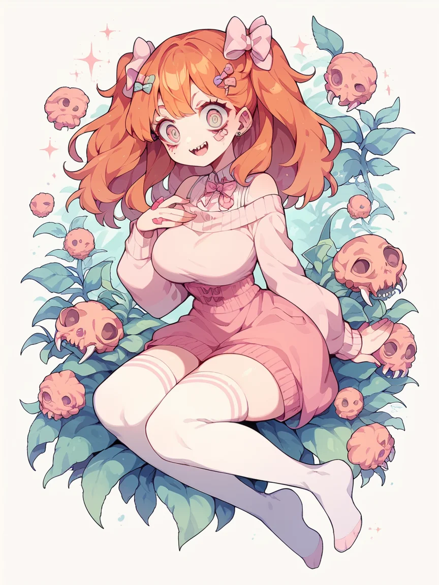 score_9, score_8_up, score_7_up, score_6_up,  <lora:p4st3lg0r3XLP:1> p4st3lg0r3, 1girl, pastel, bandaid, hair ornament, full body, large breasts, curvy, ginger hair, bow, jewelry, thighhighs, plant, creepy