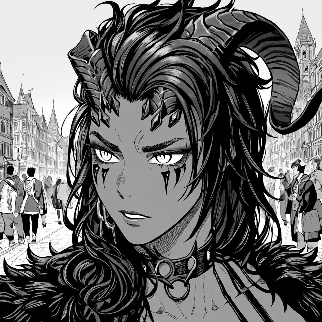 masterpiece, best quality, newest, absurdres, highres, EMPILV1.0, manga, monochrome, greyscale, solo, solo focus,
BGKarlach, 1girl, demon horns, black hair, long hair,