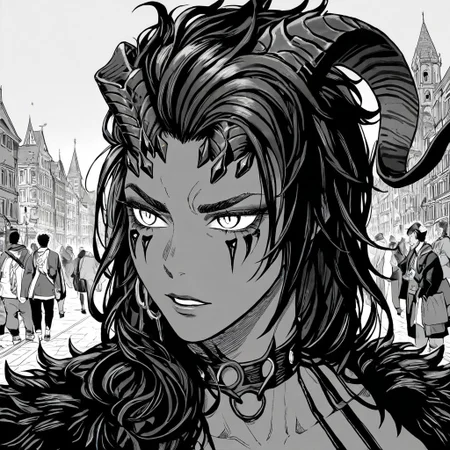 masterpiece, best quality, newest, absurdres, highres, EMPILV1.0, manga, monochrome, greyscale, solo, solo focus,
BGKarlach, 1girl, demon horns, black hair, long hair,