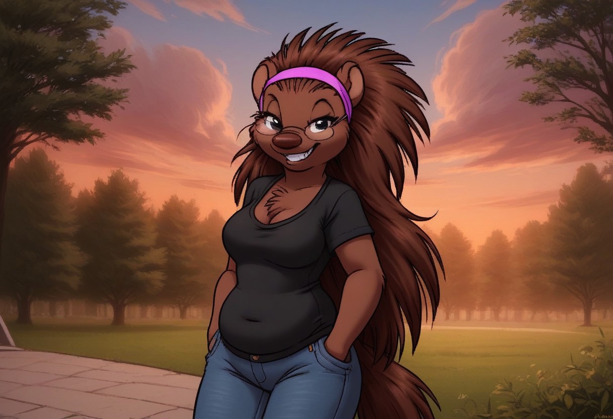 score_7, score_8, score_9, dynamic lighting, detailed background, background is park, benches, trees, walkway, clouds, sunny, glowing, close up, cowboy shot
BREAK 
Solo, 1 female, single female, anthro, furry female, female porcupine, short, brown fur, (spikey hair), (brown hair), long hair, animal nose, black eyes, feet claws, chest fur tuft, black eyes, medium breasts, glasses, tooth gap, slightly chubby
BREAK 
standing, looking at viewer, smiling, cleavage, black t shirt, jeans, purple headband, ((gap in front teeth)), hands in pockets, half closed eyes
