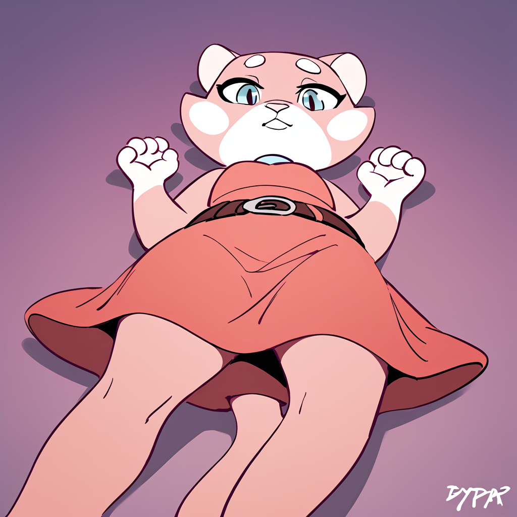 score_9, score_8_up, rating_safe, furry_female, felid, (shima luan), sheath_dress, pink dress, belt, front, (lying on back, full-body portrait, bottom view, looking at other, hands-free), <lora:ShimaPDXL:1>, ((by bypbap)), <lora:PDXL_artist_tags_v2:1>