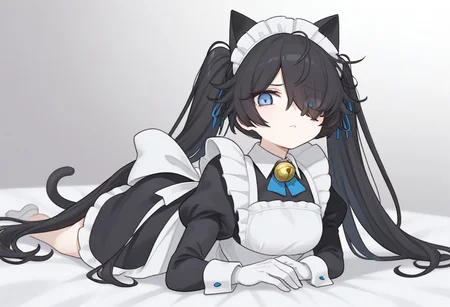 (Maid-kasli), solo, white gloves, dress, hair over one eye, maid apron, blue eyes, twintails, cat ears, maid headdress, maid, gloves, 1girl, apron, juliet sleeves, long sleeves, long hair, black hair, animal ears, bell,(Fall down),