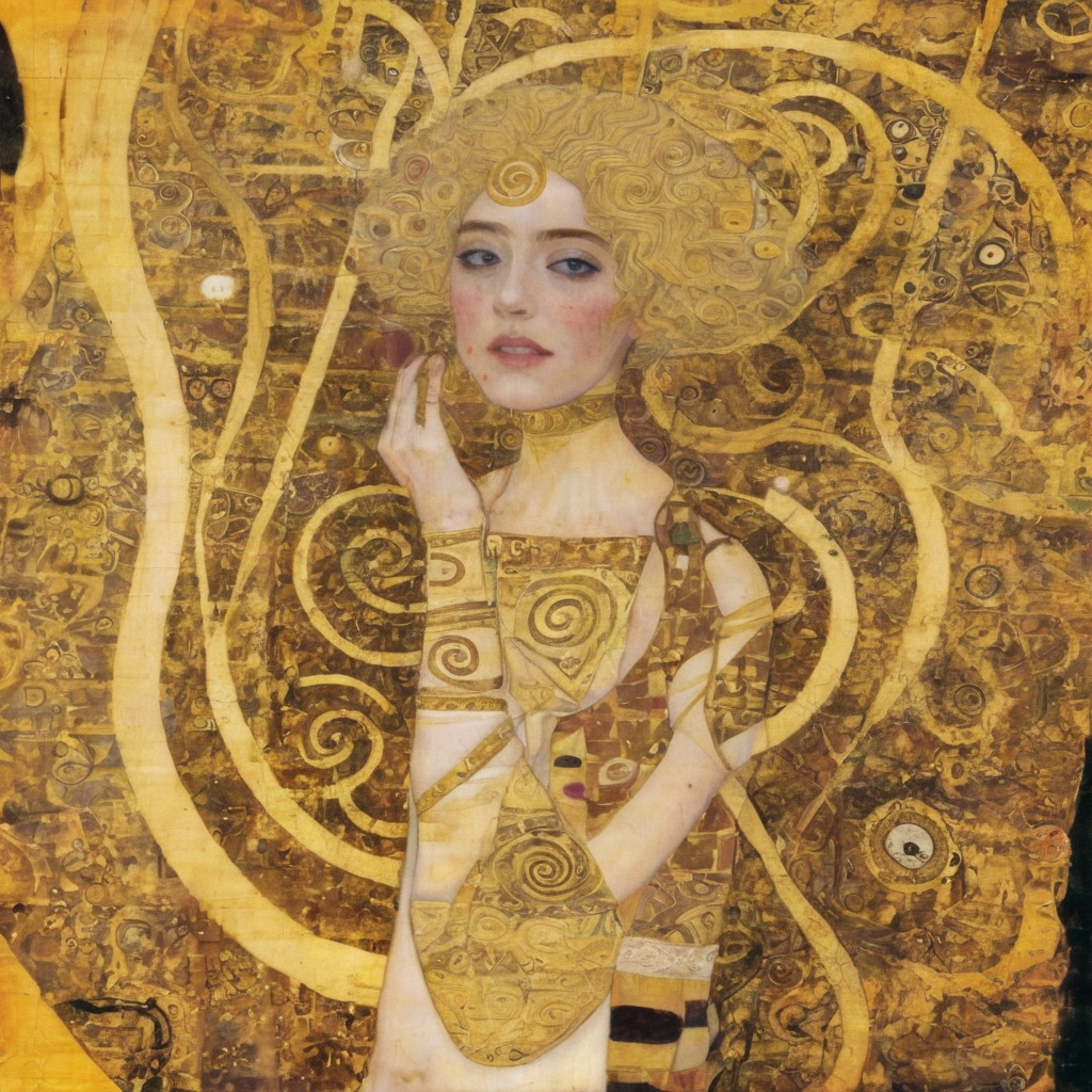 <lora:kl1m:1>kl1m gd3y golden spirals, eyes, intricate patterns, hugging, triangles
