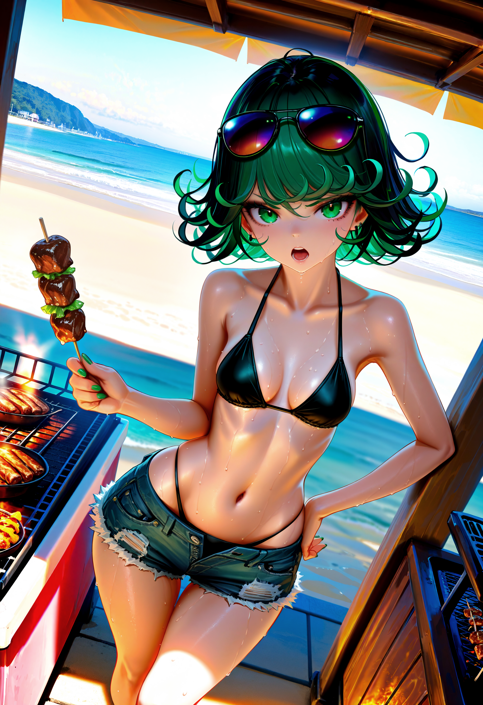 (dk.senie:0.5), (so-bin:0.5), (wlop:0.7), masterpiece, best quality, amazing quality, very aesthethic, scenery, dutch angle, photo background, natural lighting, backlighting, bloom, low contrast, detailed hair, detailed clothing, detailed shading, tatsumaki, looking at viewer, green nail polish, black bikini top, highleg bikini, bikini under shorts, cutoffs, unbuttoned shorts, contrapposto, hand on hip, sunglasses on head, wide hips, sweat, beach, food stand, grilling, barbecue, grilled meat, slightly open mouth, holding skewer, perspective, high-angle view,