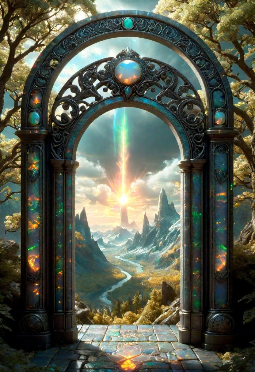 Hyperrealistic art, lush green wooded mountain pass landscape, a fantasy glowing Vivid multi-colored Runes covered ((silver)/(black ral-opal)) Circular gate (portal:1.3), a detailed matte painting by Mike Winkelmann, cgsociety, fantasy art, blue sky, Extremely high-resolution details, photographic, realism pushed to extreme, fine texture, incredibly lifelike