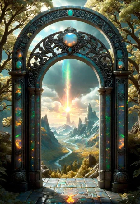 Hyperrealistic art, lush green wooded mountain pass landscape, a fantasy glowing Vivid multi-colored Runes covered ((silver)/(black ral-opal)) Circular gate (portal:1.3), a detailed matte painting by Mike Winkelmann, cgsociety, fantasy art, blue sky, Extremely high-resolution details, photographic, realism pushed to extreme, fine texture, incredibly lifelike