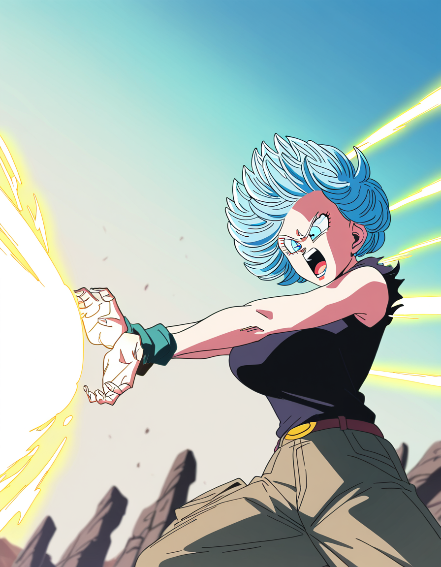 masterpiece, best quality, newest, absurdres, highres, safe,, <lora:cyberpunk-lucy-s1-ponyxl-lora-nochekaiser:1>, lucy, short hair, bangs, blue eyes, blue hair, multicolored hair, makeup, multicolored eyes, large breasts,, <lora:kamehameha-illustriousxl-lora-nochekaiser:1>, kamehameha, kamehameha (dragon ball), open mouth, outstrecthed arms, torn clothes, shouting, energy, energy beam, outdoors, wasteland, cowboy shot,