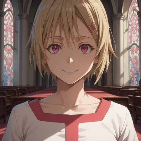 <lora:SlimesTiss:1>, score_9, score_8_up, score_7_up, slimes_tiss, woman, solo, magenta eyes, blonde hair, hair clips, straight on POV, smiling, castle interior background