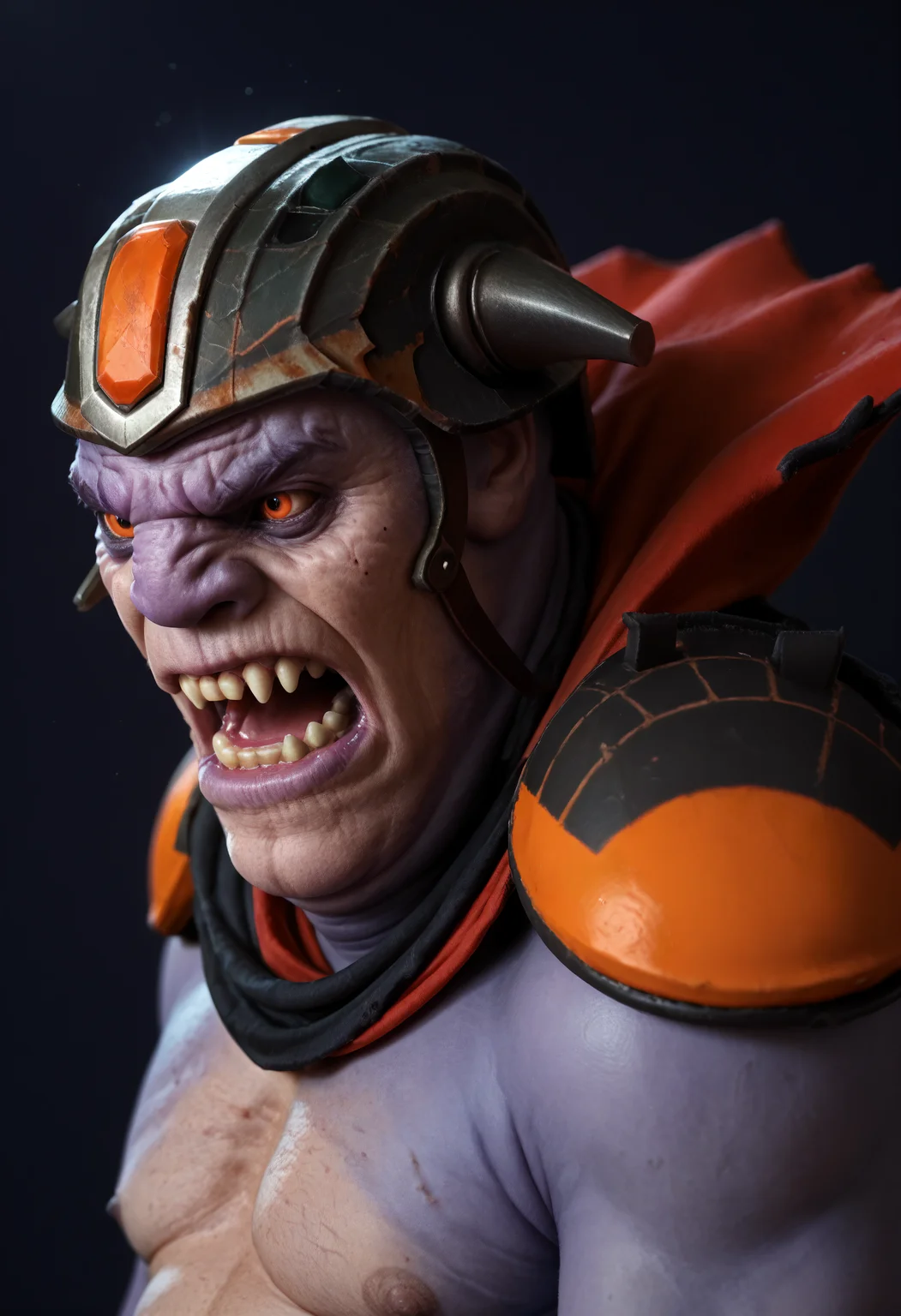 score_9, score_8_up, score_7_up, score_6_up, score_5_up, score_4_up, BREAK, ldwpdxl, 1boy, solo, cape, fangs, helmet, shoulder armor, glove, male focus, colored skin, teeth, simple background, shouting, spit, angry, open mouth, colored sclera, looking to the side, purple skin, orange eyes, wrinkles, standing, upper body, blurred background, dark background, (fat), (from side:0.7), <lora:Lion_the_Demon_Witch_-_Dota_2:0.8>