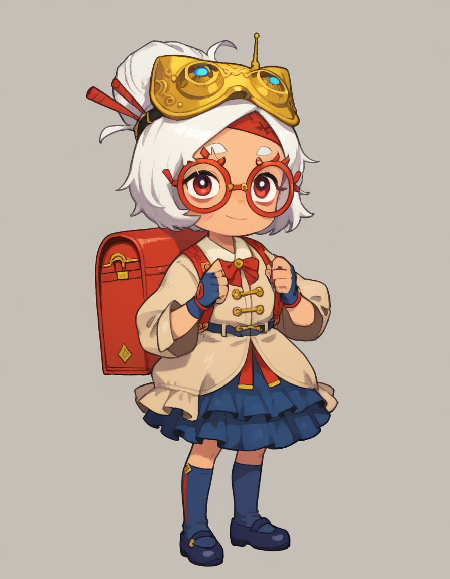 zPDXL, score_9, score_8_up, score_7_up, source_anime, 1girl, solo,
 <lora:LilPurah_v1.2:0.6> purah, sheikah, white hair, dark-skinned female, child, thick eyebrows, red eyes, red-framed eyewear, hair bun, goggles on head, beige jacket, blue skirt, frilled skirt, blue socks, kneehighs, blue footwear, mary janes, red headband, goggles on head, hair stick, hair beads, randoseru, red bag, bag straps, blue and white striped strap, fingerless gloves, blue gloves, petticoat, light smile, <lora:PossumMachine_v2:1> possmach