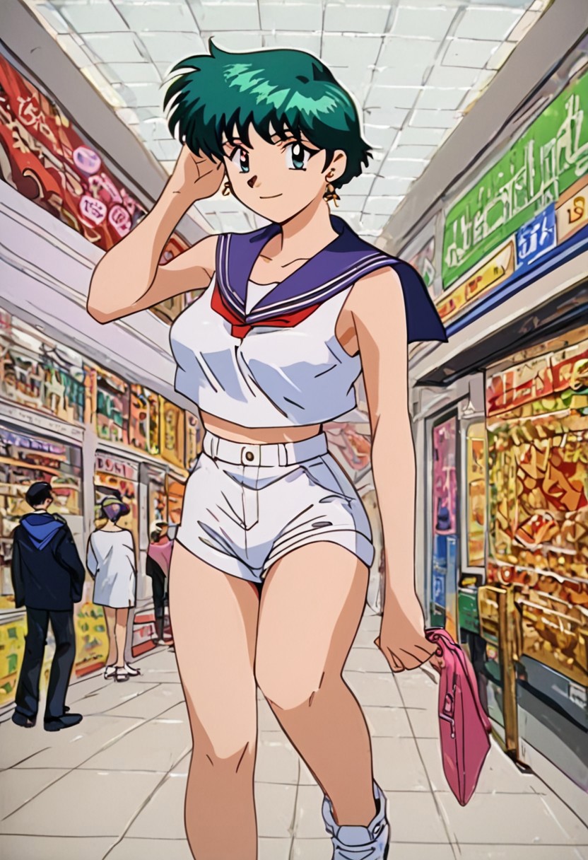 retro artstyle, source_anime, official style, PonyXLV6_Scores, masterpiece, ultra detailed, best quality, beautiful face, perfect anatomy, anatomically correct, detailed eyes, <lora:xl_more_art-full_v1:0.7>, <lora:Detailed_anime_style:0.4>, <lora:LCM&TurboMix:1.0>, <lora:Expressiveh:0.5>, Expressiveh, 5 fingers, perfect hands, perfect feet, BREAK 1girl, full_body, DollMew, 1990s (style), 1girl, solo, green hair, short hair, green eyes, slim sexy body, medium breasts, cute pose, looking at viewer, Smile, Closed mouth, (OutfitCasual, (purple sailor collar, white tank top, sleeveless,), white shorts, stud earrings, ), cowboy shot, BREAK (public mall, indoors, multiple men, townspeople, casual clothes,),