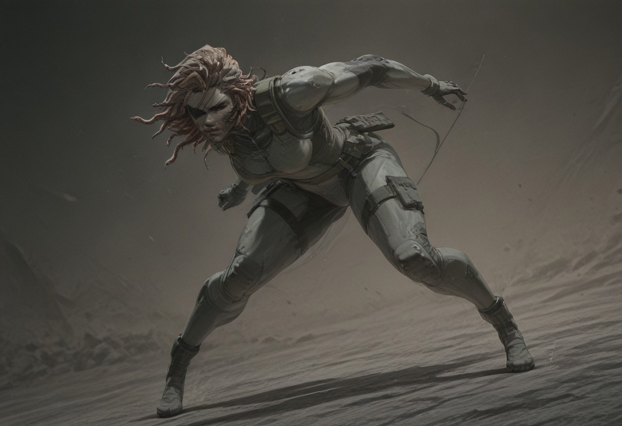 snake_hair, Score_9, score_8_up, score_7_up, 8k, masterpiece, uhd,8k textures,illustriousanime, ultradetailed, award-winning work, absurdres, very aesthetic quality,full body, dynamic pose, dynamic angles, combat, dutch angle, gunshot, enemies:1.2, snake's fighting enemies:1.2,
Solid snake, beard, eyepatch, snake_hair, worm on a string hair, fluffy, multicolored hair, snake,yoji_shinkawa,anime, cyberpunk