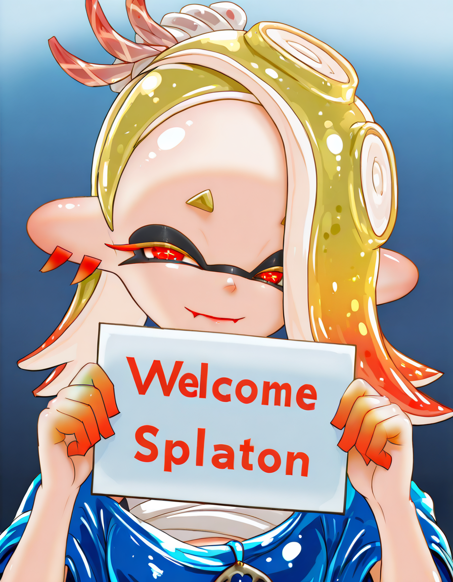 <lora:Harrlogos_v1.1:1> <lora:T2uk@ironworks:1> t2uk , shiver (splatoon), holding a sign text:(welcome),