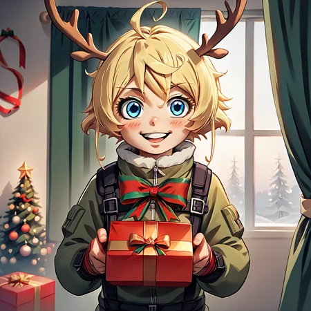 score_9, score_8_up, score_7_up,
TanyaDegurechaff, flyingsuit, 1girl, solo, looking at viewer, blush, smile, short hair, blue eyes, blonde hair, bow, ribbon, ahoge, indoors, bound, curtains, box, christmas, gift, gift box,handing present, antlers, reindeer antlers, flight suit, excited expression
score_9, source_anime
,<lora:TanyaPonyV2:0.8>