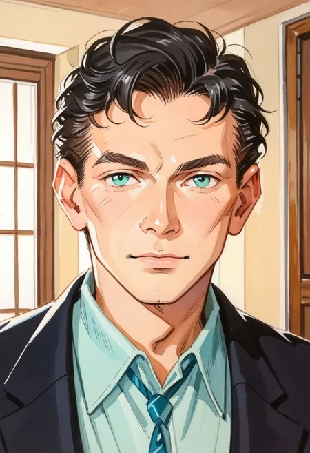 score_8, score_8_up, score_7_up, traditional media, 1boy, male focus, solo, DE007, black hair, aqua eyes, portrait, collared shirt, black jacket, indoors,