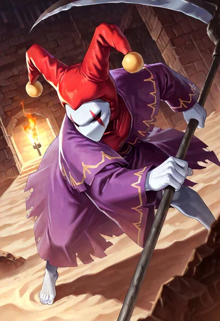 score_9,score_8,score_7,source_furry, (masterpiece, best quality, high quality:1.2), detailed hands,character focus, detailed skins, body blush, cinematic shadow, character focus, ultra detailed background,
dutch angle, from below,
<solo:1.5>, <1boy:1.5>, (anime:3.5), (official:3.5), (dynamic pose:1.8), attacking,
chariotsaga, 1boy, solo, male focus,
jester, red headwear, looking at viewer, white skin, jester cap, pom pom (clothes), (faceless mask:1.2), facepaint, hat, robe, purple robe, torn robes, long sleeves, wide sleeves, barefoot, light gray color nails, holding, scythe, weapon, holding scythe, holding weapon,
ancient ruin background, indoor, dark orange stone wide rooms, torch wall, darkness, sand, desert,