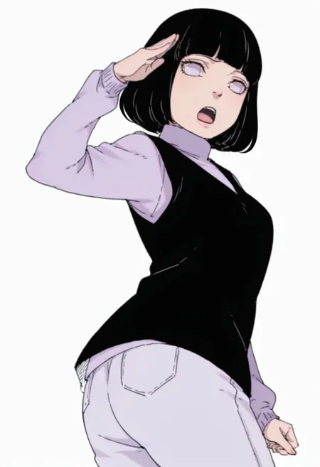 anime screencap, anime coloring,  <lora:DX888HinataBM:1> hyuuga hinata, black hair,  byakugan eyes,  bob cut, turtleneck sweater, purple sweater, black vest capri pants white pants , BREAK simple background, white background, BREAK   1girl, looking at viewer,  open mouth, solo, standing, (twisted torso:1.1), (salute:1.2), from from behind, looking back, (perspective:1.2),  from below, (foreshortening:1.1),