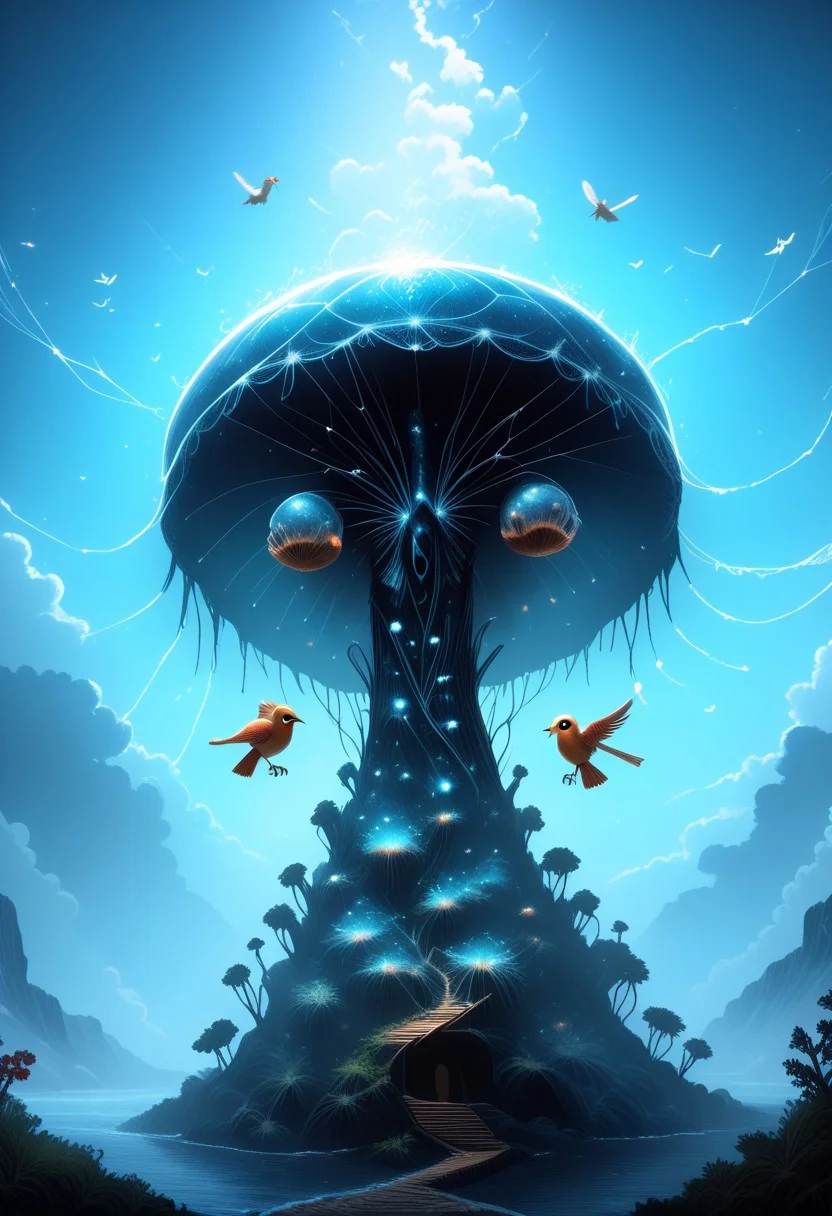 masterpiece, best quality, good quality, very awa, newest, highres, absurdres, ,score_9, score_8_up, score_7_up,
Giant translucent jellyfish drifting through the clouds, soft bioluminescent glow illuminating the mist, with tiny birds perched on its tendrils
<lora:illustriousXL_stabilizer_v1.23:0.3> <lora:NOOB_vp1_detailer_by_volnovik_v1:0.3> <lora:ponyv6_noobE11_2_adamW-000017:0.3> <lora:114558v4df2fsdf5:0.7> <lora:mon_monmon2133:0.6>