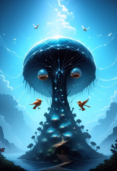 masterpiece, best quality, good quality, very awa, newest, highres, absurdres, ,score_9, score_8_up, score_7_up,
Giant translucent jellyfish drifting through the clouds, soft bioluminescent glow illuminating the mist, with tiny birds perched on its tendrils
<lora:illustriousXL_stabilizer_v1.23:0.3> <lora:NOOB_vp1_detailer_by_volnovik_v1:0.3> <lora:ponyv6_noobE11_2_adamW-000017:0.3> <lora:114558v4df2fsdf5:0.7> <lora:mon_monmon2133:0.6>