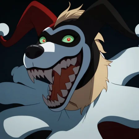 score_9, score_8_up, score_7_up, solo 1girl, Expressiveh, (HyenaQuinn, female hyena, furry, anthro, jester outfit, sharp teeth, tan fur, green sclera, red eyes, fangs, tail, black nose, crazy smile), close-up closed mouth, black background, looking at viewer, simple background, 4k, masterpiece, best quality, highly detailed, realistic
