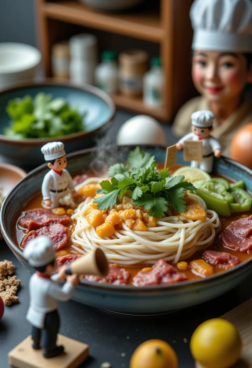 In a meticulously detailed kitchen workshop, miniature pho chefs in tiny chef hats and crisp white aprons construct an elaborate Vietnamese soup landscape. Precise rice noodle architects manipulate steaming broth terrain, rare beef slices positioned like architectural elements, fresh herbs arranged with geometric precision. One tiny chef operates a delicate ladle-crane lifting translucent beef carpaccio, another holds a rice paper blueprint mapping soup composition.
A diminutive head chef stands on a garnish platform, bamboo whisk transformed into a commanding megaphone, directing sous chefs arranging cilantro, bean sprouts, and lime wedges with surgical accuracy. The workspace is a culinary construction site: ingredients positioned like building materials, steam rising like industrial vapor.
Background hints of a traditional Vietnamese kitchen, soft natural lighting highlighting intricate food details. Grandmother's knowing smile observes from doorway.
Hyper-realistic food photography
Ultra-sharp details
Vivid color palette
Macro lens perspective
Architectural food styling
Cinematic lighting