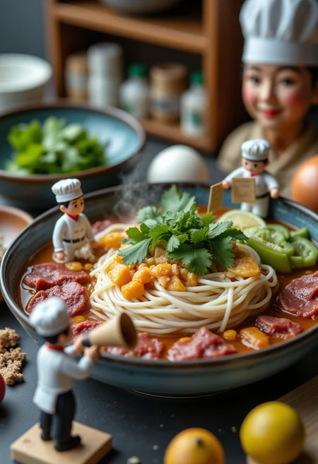 In a meticulously detailed kitchen workshop, miniature pho chefs in tiny chef hats and crisp white aprons construct an elaborate Vietnamese soup landscape. Precise rice noodle architects manipulate steaming broth terrain, rare beef slices positioned like architectural elements, fresh herbs arranged with geometric precision. One tiny chef operates a delicate ladle-crane lifting translucent beef carpaccio, another holds a rice paper blueprint mapping soup composition.
A diminutive head chef stands on a garnish platform, bamboo whisk transformed into a commanding megaphone, directing sous chefs arranging cilantro, bean sprouts, and lime wedges with surgical accuracy. The workspace is a culinary construction site: ingredients positioned like building materials, steam rising like industrial vapor.
Background hints of a traditional Vietnamese kitchen, soft natural lighting highlighting intricate food details. Grandmother's knowing smile observes from doorway.
Hyper-realistic food photography
Ultra-sharp details
Vivid color palette
Macro lens perspective
Architectural food styling
Cinematic lighting