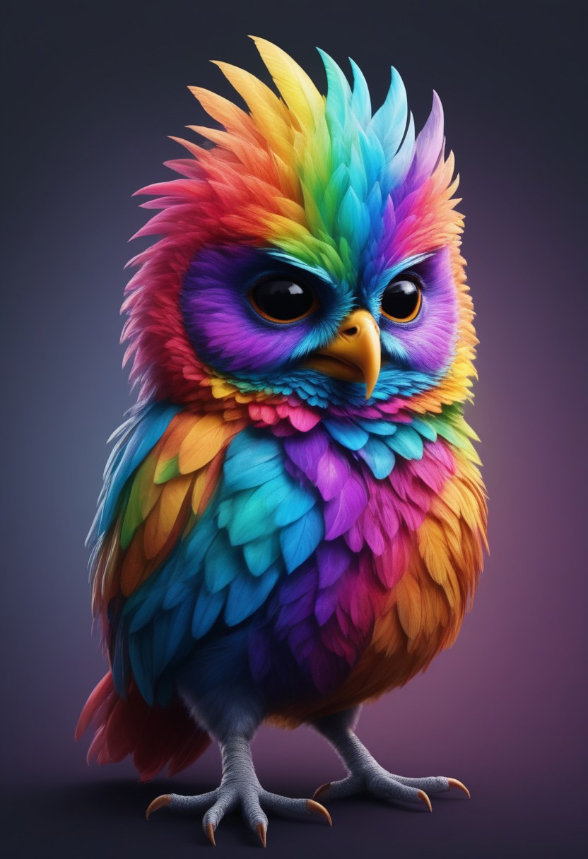 a cute chibby chicken mixed with a owl with big rainbow eyes made out of rainbow fractangles, it wears a cool rainbow bandana, very detailed, 4k, sharp, eating rainbow worms