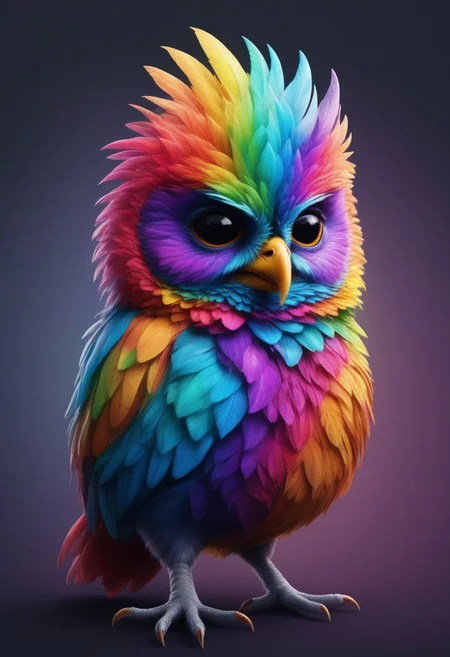 a cute chibby chicken mixed with a owl with big rainbow eyes made out of rainbow fractangles, it wears a cool rainbow bandana, very detailed, 4k, sharp, eating rainbow worms