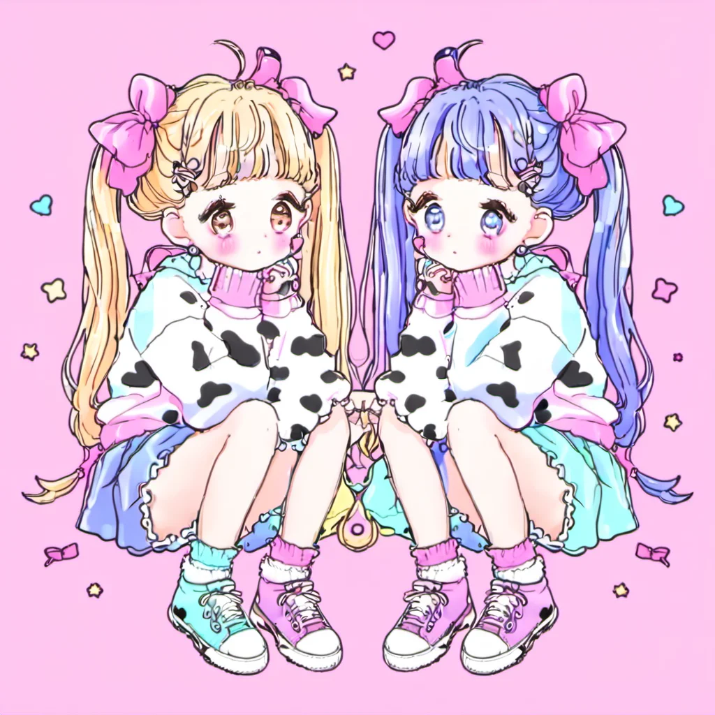 <lora:cartoon_stickers_xl_v1:0.8>,1girl,
two anime girls with long hair and a cow print on their shirt, sitting next to each other on a pink background, long_hair, looking_at_viewer, blush, blue_eyes, multiple_girls, skirt, blonde_hair, hair_ornament, long_sleeves, bow, 2girls, twintails, brown_eyes, jewelry, sitting, blue_hair, purple_hair, ahoge, hair_bow, heart, shoes, socks, hairclip, star_\(symbol\), sweater, blue_skirt, animal_print, sneakers, hand_on_own_face, head_rest, hand_on_own_cheek, loose_socks, pink_background, cow_print