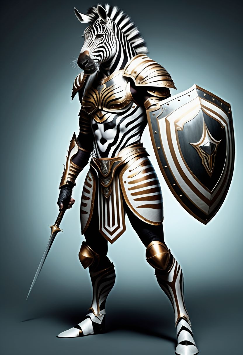 Zebra Warrior,  , humanoid, holding a shield , wearing ethereal armor, high detail, slender, clean lines, award winning, masterpiece, abs, muscle . full body shot, Digital collage