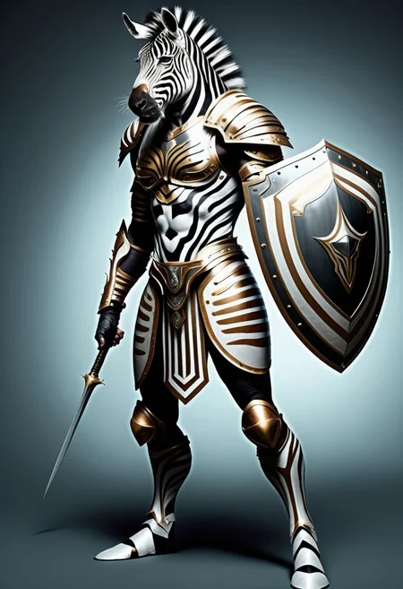 Zebra Warrior,  , humanoid, holding a shield , wearing ethereal armor, high detail, slender, clean lines, award winning, masterpiece, abs, muscle . full body shot, Digital collage
