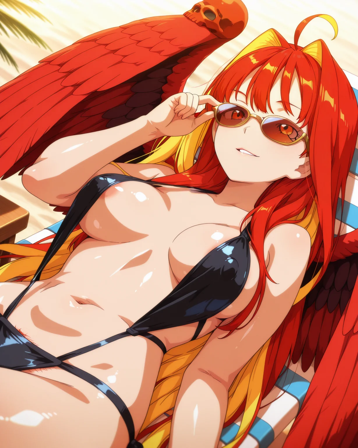 <lora:ATRex_style:1>,trexstyle,
anime coloring,anime screencap,
highres,best quality,masterpiece,
shiny skin,
BREAK
simple_background,beach,white beach chair,table,wind,
BREAK
<lora:Aphrodite_FATE_IL>,Aphroditelike,1girl,solo,ahoge,long hair,orange eyes,parted lips,medium breasts,multicolored hair,two-tone hair,red hair,blonde hair,very long hair,navel,cleavage,
wings,feathered wings,multiple_wings,red skulls on wings,red wings,
black slingshot swimsuit,navel,strap gap,breasts apart,areola slip,covered nipples,pubic hair peek,
on back,adjusting eyewear,tanning,reclining,smile,sunglasses,
cowboy_shot,dutch angle,