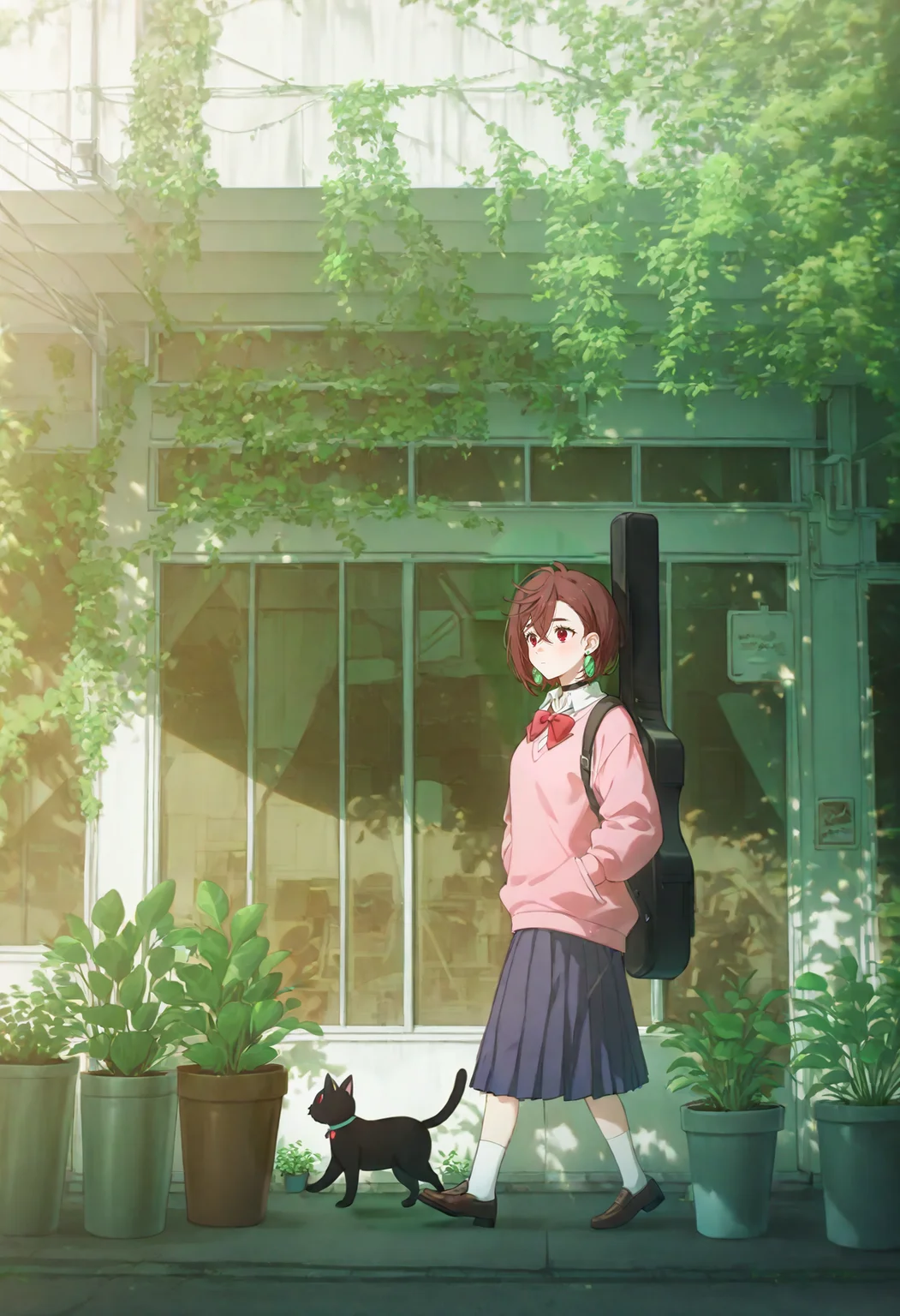 1girl, solo, plant, potted plant, guitar case, black cat, wide shot, scenery, outdoors, walking, <lora:ayase_momo-koto-Illustrious v01:1>, ayasemomo, hair between eyes, crossed bangs, green earrings, brown hair, red eyes, black choker, short hair, white shirt, red bowtie,pleated skirt,school uniform, pink cardigan, long sleeves <lora:KonyaKarasue:0.8>, konya karasue