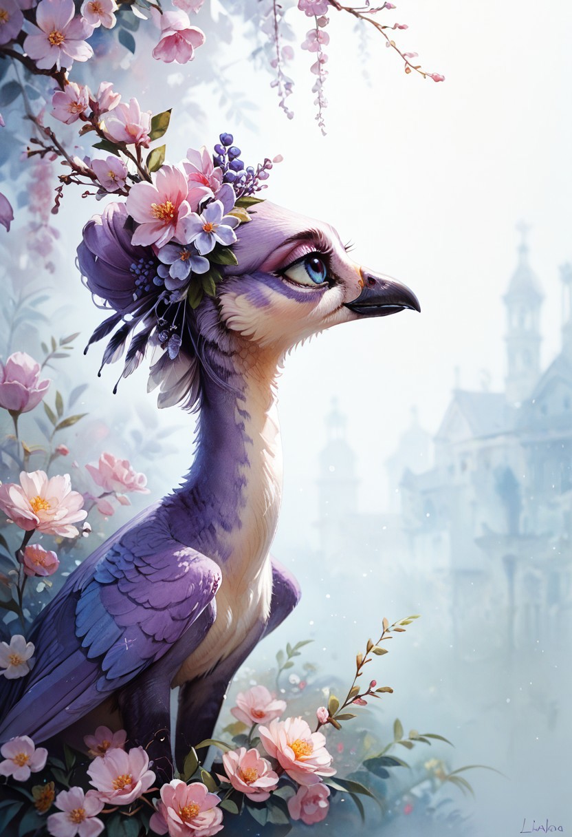 score_9, score_8_up, score_7_up, rating_questionable,score_9, score_8_up, score_7_up, BREAK,lavender crane,lilac feathers,highly detailed,intricate details,warm and cozy,
