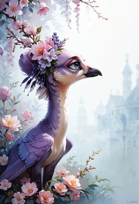 score_9, score_8_up, score_7_up, rating_questionable,score_9, score_8_up, score_7_up, BREAK,lavender crane,lilac feathers,highly detailed,intricate details,warm and cozy,