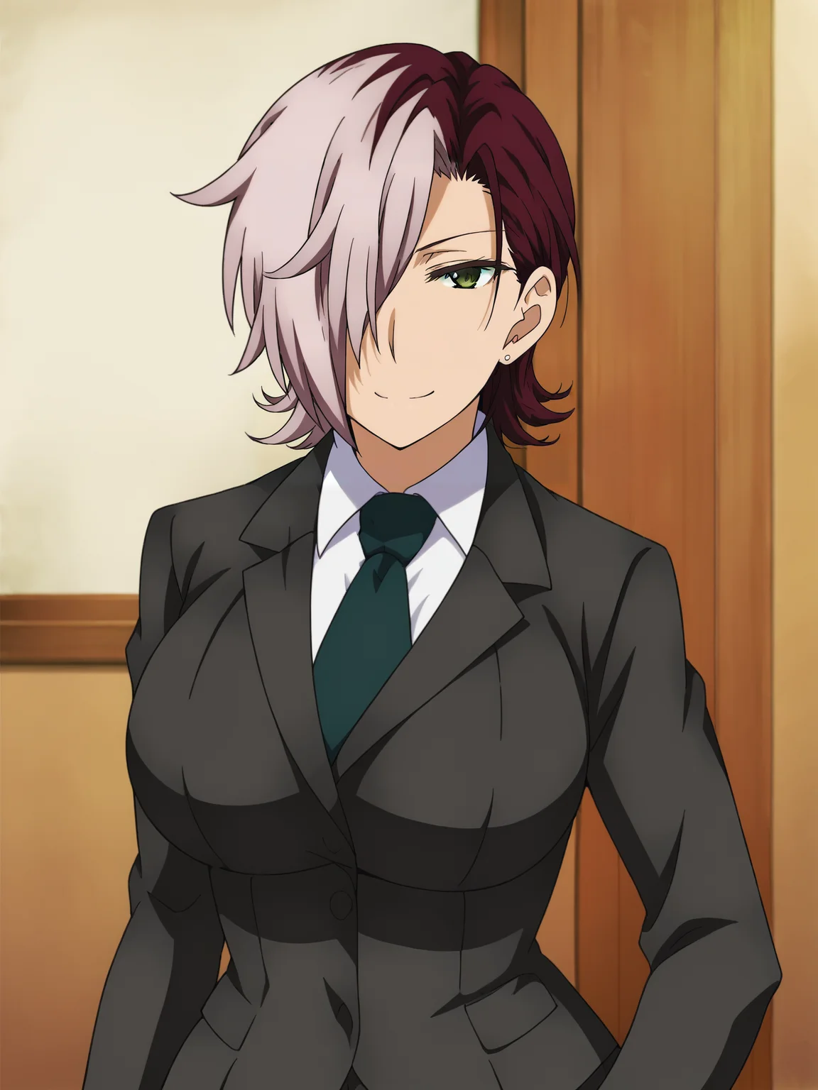 <lora:Kazane_Kagari-Witch_Craft_Works:1>,Kazane,1girl,solo,hair over one eye,multicolored hair,short hair,green eyes,large breasts,formal,suit,,upper body,looking at viewer,smile,indoors