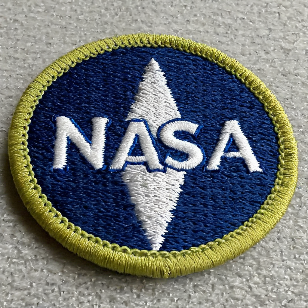 macro photograph of a circular embroidered patch of the NASA logo , in meritbadge style, plain background, extremely detailed, contrasting complementary colors, vignette, symmetry, centered, <lora:meritbadge_StyleXLv7.0:1>