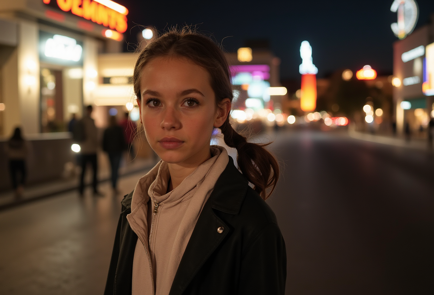 S4DC1NE. A young girl walks in a modern night city. The lights of the lamp are visible, which give it its atmosphere. The girl is seen from the front, she is in focus, close-up. 