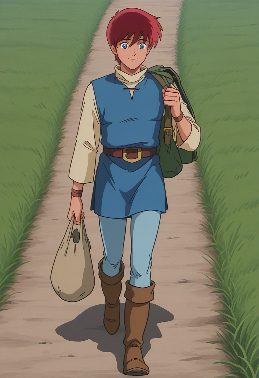 1boy, solo, adolysiova, red hair, short hair, blue eyes, shirt, long sleeves, high collar, tunic, belt, pants, wristbands, boots, outdoors, grass, path, holding bag over shoulder, smile, walking, full body,
