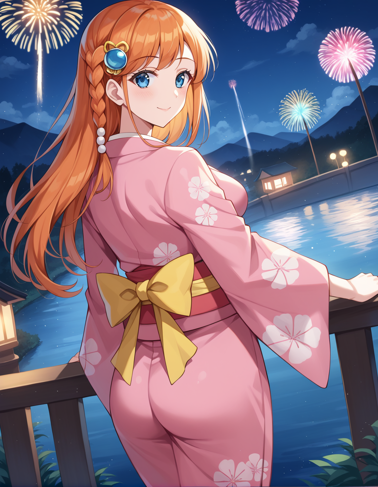 score_9, score_8_up, score_7_up, source_anime, rating_safe, BREAK <lora:matsuri_XL-Pony_LoRA-C3Lier_16-16-8-8_AdamW_Un3e-4_Te1.5e-4_10batch:1>, hibino matsuri, 1girl, blue eyes, long hair, orange hair, side braid, medium breasts, hair ornament, japanese clothes, pink yukata, back bow, yellow bow, blush, light smile, looking at viewer, looking back, from behind, dutch angle, night sky, night, bridge, river, fireworks, mountainous horizon, cloud