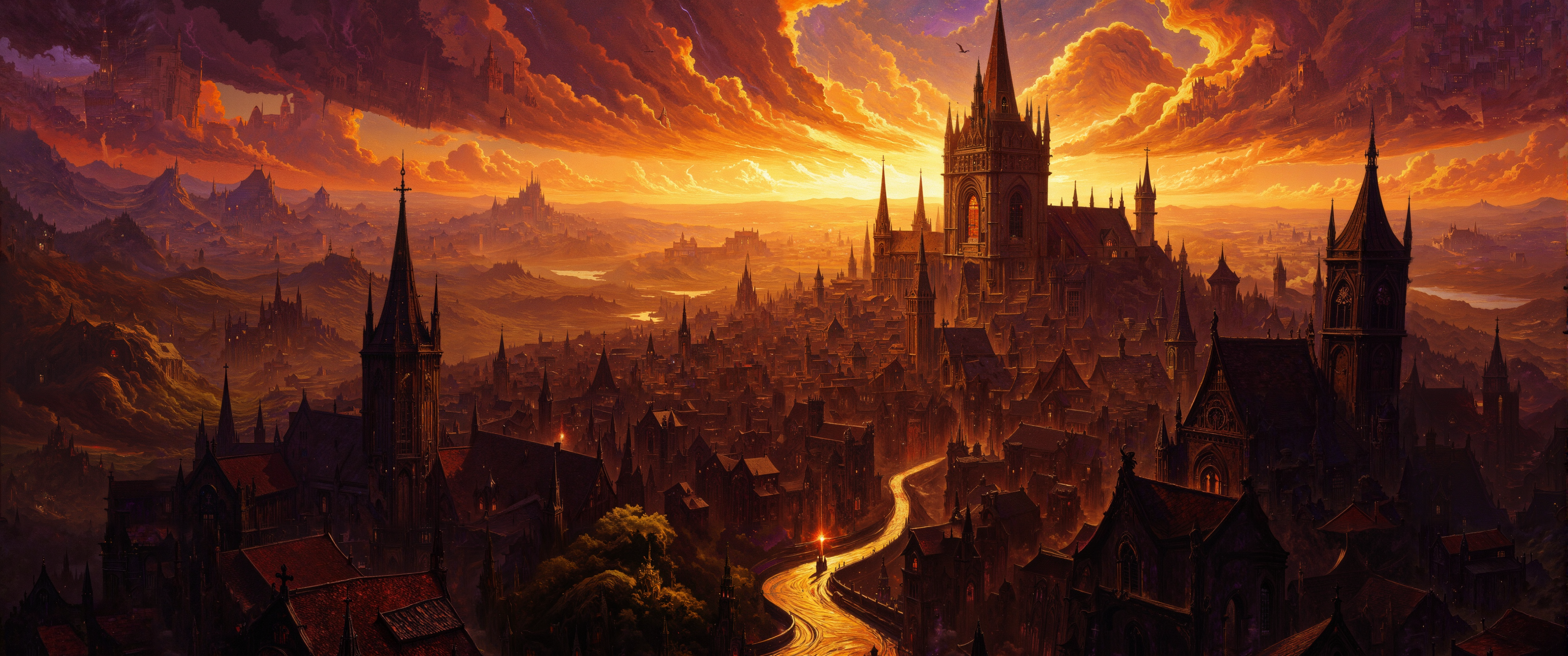 Hauntingly beautiful aerial view of a medieval city silhouetted against a dramatic sunset. The ancient spires, bell towers, and tiled rooftops create gothic silhouettes against a sky blazing with amber, crimson, and violet gradients. Golden sunlight filters through drifting mist, casting bronze reflections on winding cobblestone streets. Church windows glint like jewels while ornate stone gargoyles perch on cathedral buttresses. Castle battlements and crumbling city walls define the outer boundaries, with rolling countryside beyond. Soft rays penetrate gaps between buildings, creating dramatic god rays. Distant storm clouds add dramatic depth with purple-tinged edges catching final light. Impressionist brushwork style with textured impasto technique capturing light's dance across ancient architecture. Ultra-detailed, cinematic 8K, golden ratio composition, nostalgic atmosphere with emotional warmth. <lora:DND_GRAINYBOYZ_FG_FLUX_V2_ROMULUS_Lora:0.8> <lora:bm-goth_epoch_1:0.8> <lora:ç»ªå¿ CGé£æ»¤éFLUX:0.4> <lora:FLUX-daubrez-DB4RZ:0.7> <lora:RetroAnimeFluxV1:0.1> <lora:flux_dev:1>