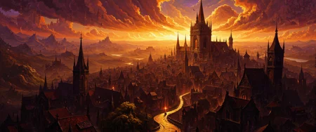Hauntingly beautiful aerial view of a medieval city silhouetted against a dramatic sunset. The ancient spires, bell towers, and tiled rooftops create gothic silhouettes against a sky blazing with amber, crimson, and violet gradients. Golden sunlight filters through drifting mist, casting bronze reflections on winding cobblestone streets. Church windows glint like jewels while ornate stone gargoyles perch on cathedral buttresses. Castle battlements and crumbling city walls define the outer boundaries, with rolling countryside beyond. Soft rays penetrate gaps between buildings, creating dramatic god rays. Distant storm clouds add dramatic depth with purple-tinged edges catching final light. Impressionist brushwork style with textured impasto technique capturing light's dance across ancient architecture. Ultra-detailed, cinematic 8K, golden ratio composition, nostalgic atmosphere with emotional warmth. <lora:DND_GRAINYBOYZ_FG_FLUX_V2_ROMULUS_Lora:0.8> <lora:bm-goth_epoch_1:0.8> <lora:ç»ªå¿ CG飿»¤éFLUX:0.4> <lora:FLUX-daubrez-DB4RZ:0.7> <lora:RetroAnimeFluxV1:0.1> <lora:flux_dev:1>