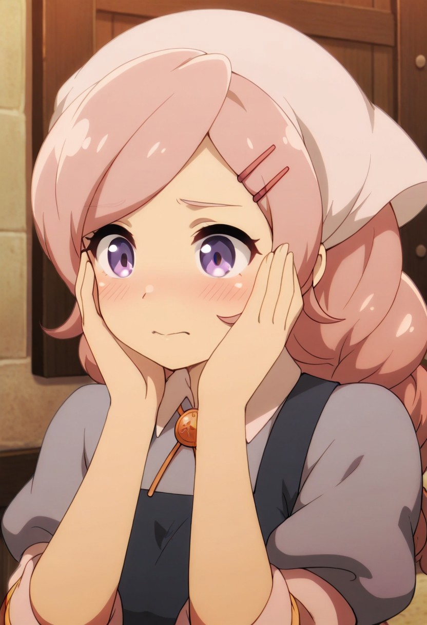 masterpiece,best quality,amazing quality, cariello isabelle, long hair, light pink hair, purple eyes, 1girl, solo, hairclip, hair ornament, braid, blush, hands on own face, head scarf