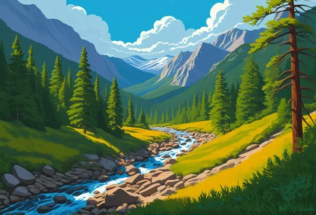 Silkscreen, ((WPA style)), (national parks style), Bold vivid natural colors, limited color palette, painting, HDR (White Mountains, Falling waters trail)
