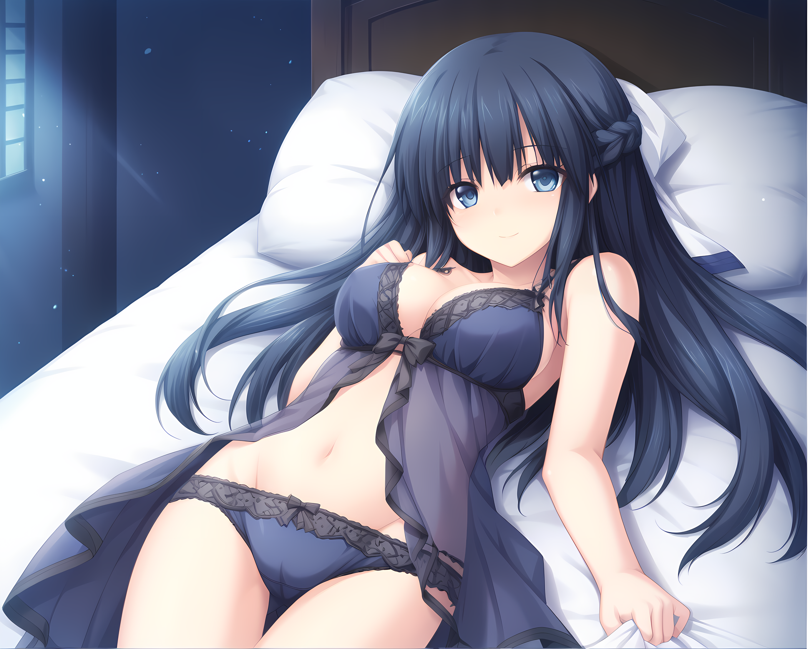 cowboy shot,underwear,panties,navel,frills,sheet grab,lying,lingerie,seductive smile,pose,sexually suggestive,moonlight,moonlit,night,eushully,liselle,long hair,black hair,blue hair,large breasts,blue eyes,half updo,braid,standing,<lora:Eushully_Liselle_Madou_Koukaku_EP10:0.85>,, score_9, score_8_up, score_7_up,source_anime,(masterpiece),(best quality),(ultra-detailed),(best illustration),(best shadow),(absurdres),(detailed background),(very aesthetic),source_anime